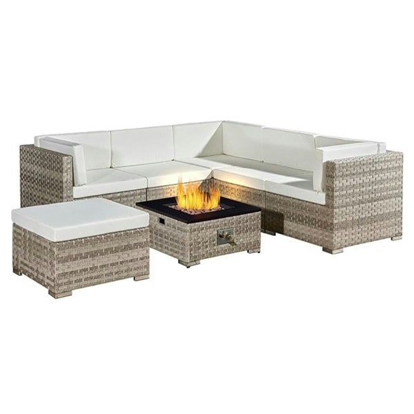 Oseasons Trinidad Rattan Modular 6 Seat Firepit Chaise Lounge Set in Dove Grey