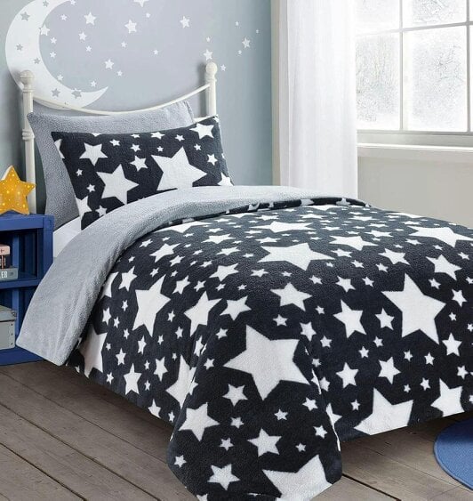 Night Zone Teddy Star Fleece Duvet Cover Set – Soft Cosy Kids Teddy Bear Bedding - Charcoal