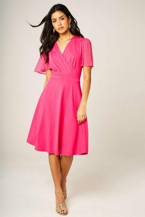 FS Collection Angel Sleeve Pleated Detail Midi Dress In Hot Pink