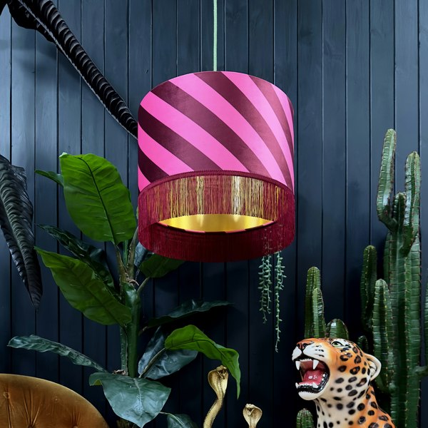 love frankie Raspberry Ripple Helter Skelter Velvet Lampshades With Gold Foil Lining and Fringing