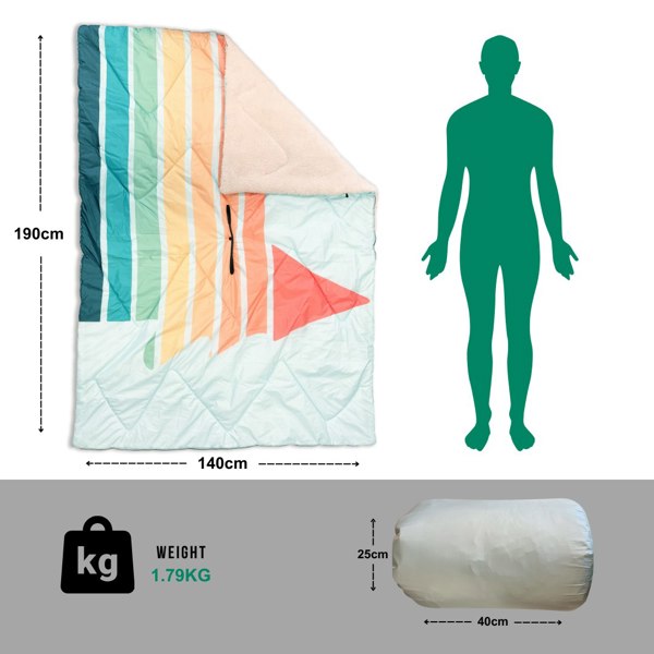 The Treetops Insulated Outdoor Blanko Blanket, Flat with a size garphic, The Blanko is 190cm by 140cm  with body shape next to it to illustrate that this is suitable for adults.