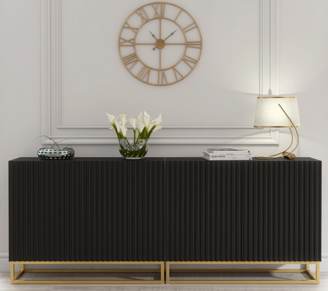 Mex Furniture Sophisticated Black Sideboard with Fluted Fronts & Gold Legs – 200cm Storage Unit