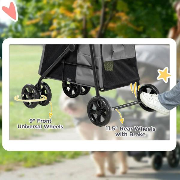 Grey pet stroller showing front universal wheels and rear wheels with brake