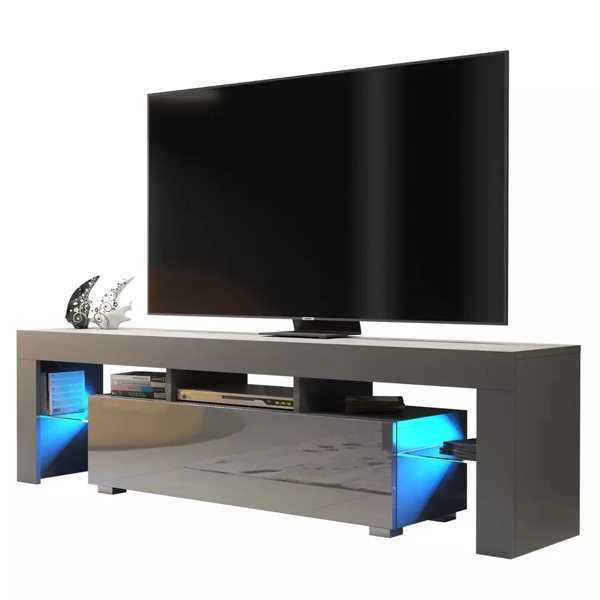 Mex Furniture 160cm TV Unit – Modern TV Stand Cabinet with Grey High Gloss Doors and Free LED