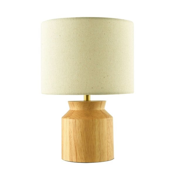 Designer Wooden Table Lamp with Beige Oatmeal Linen Fabric Drum Shade Image 2