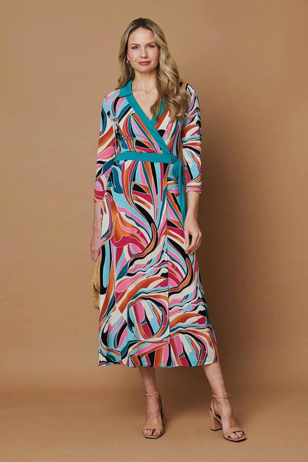 Red | Abstract Tie Waist Midi Wrap Dress : Model is 5'10"/178 cm and wears UK10/EU38/US6/AUS10