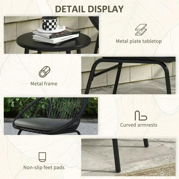 Black rattan bistro set details: metal frame, tabletop, curved armrests, non-slip feet
