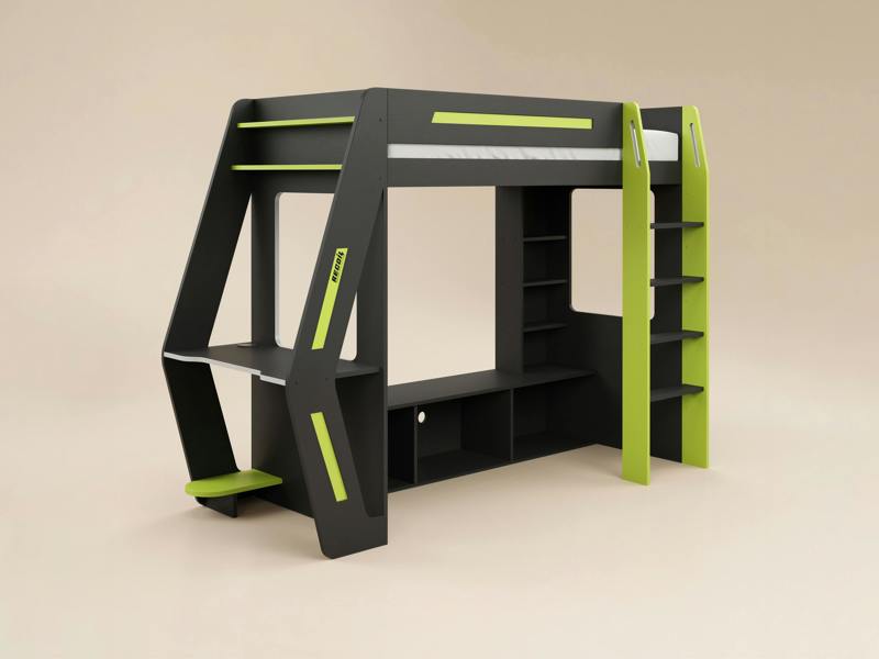 Recoil Alister Gaming High Sleeper with Desk & TV Stand Charcoal & Green