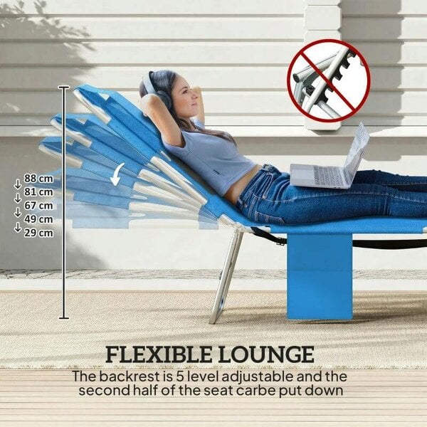 Bobobiy 5-Position Adjustable Sun Loungers Set of 2 with Reading Hole and Side Pocket, Blue