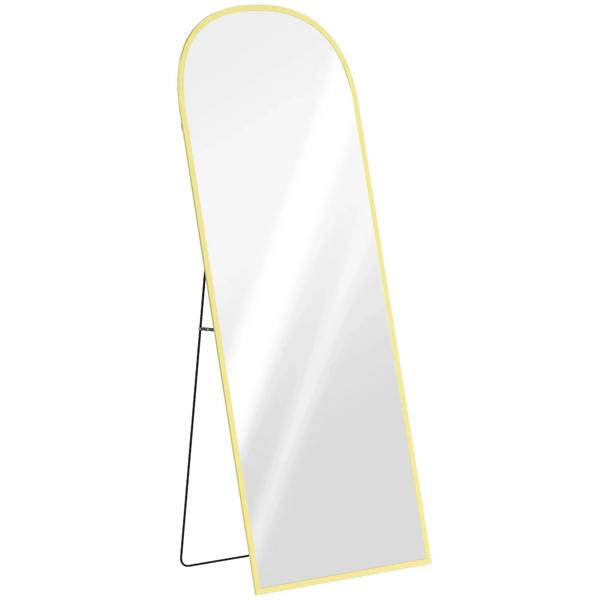 Gold-tone standing aluminium frame mirror, arched top, full-length reflective glass.