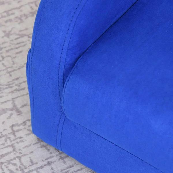 Blue kids sofa bed side panel with stitched seam and smooth padded upholstery