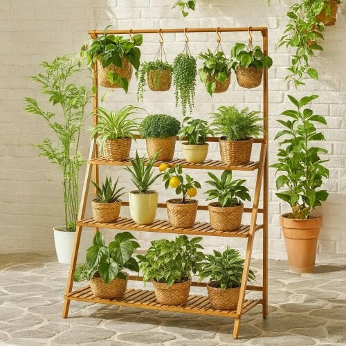 Neo 3‑Tier Foldable Bamboo Plant Stand with Hanging Hook
