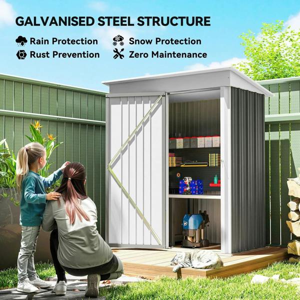 Grey metal lean-to shed with open door and shelf interior, outdoor storage