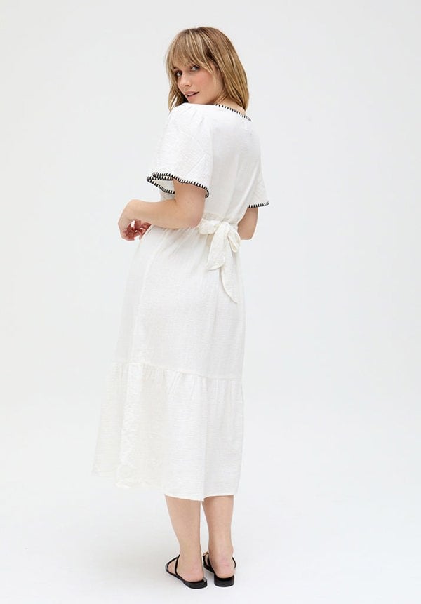 Raffya Delilah V-Neck Front Tie Midi Dress In White
