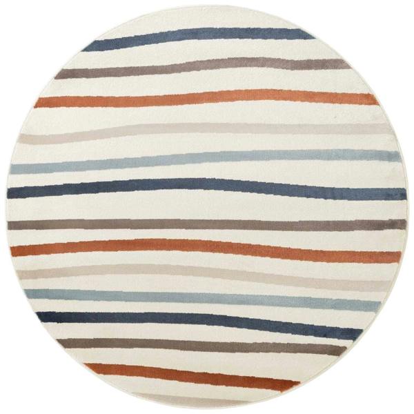 Round rug with multicolored striped pattern on a white background