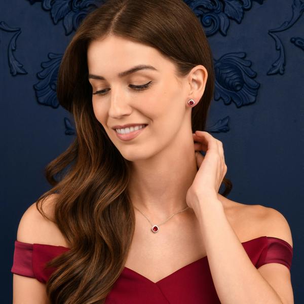 namana 925 Sterling Silver Red Cubic Zirconia Cushion Halo Pendant Necklace