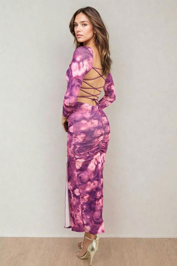 Priscilla Printed Long Sleeve Cross-tied Back Midi Dress - Purple