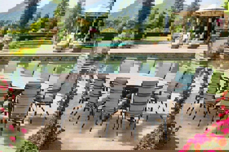 Garden Impressions Edison Natural - Eight Seater Oval Dining Suite with Sergio Chairs - Light Grey Cushions