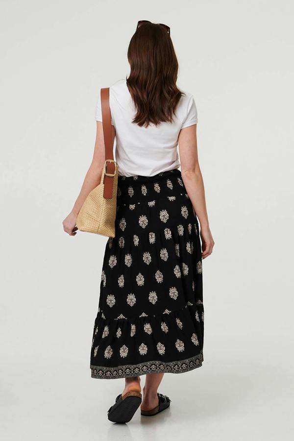 Black | Printed Shirred High Waist Midi Skirt