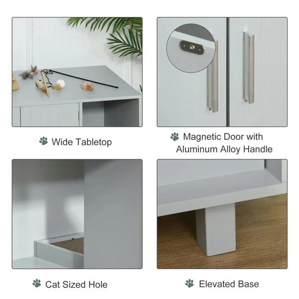 Grey wooden cat litter box enclosure with magnetic door and wide tabletop