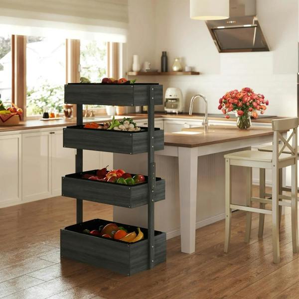 Grey four-tier wooden plant stand in kitchen setting with tiered planter boxes
