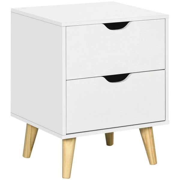 White bedside cabinet with two drawers and curved cut-out handles, pine wood legs