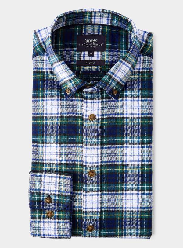 Button Down Flannel Shirt - White and Green Check