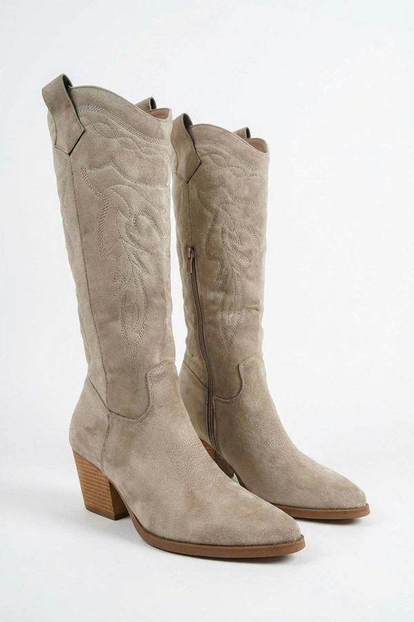 Samira Block Heel Cowboy Boots - Beige_wb