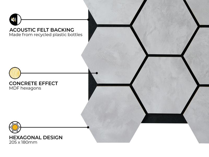 Fuse Acoustic Wooden Hexagon Wall Panel in Concrete Effect