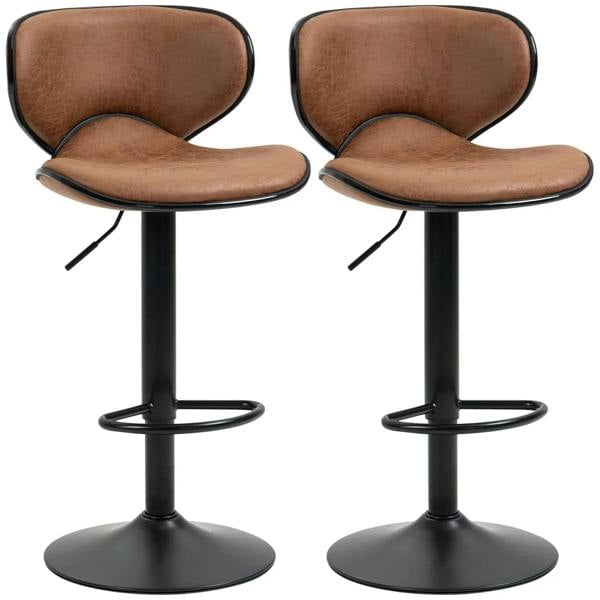 Set of 2 brown microfiber bar stools, armless with curved swivel seats and black base