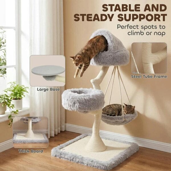 115 cm Modern Cat Tree Tower for Large Cats with Sisal Scratching Post, Holds 1 Cat up to 6kg, Machine-Washable Beds