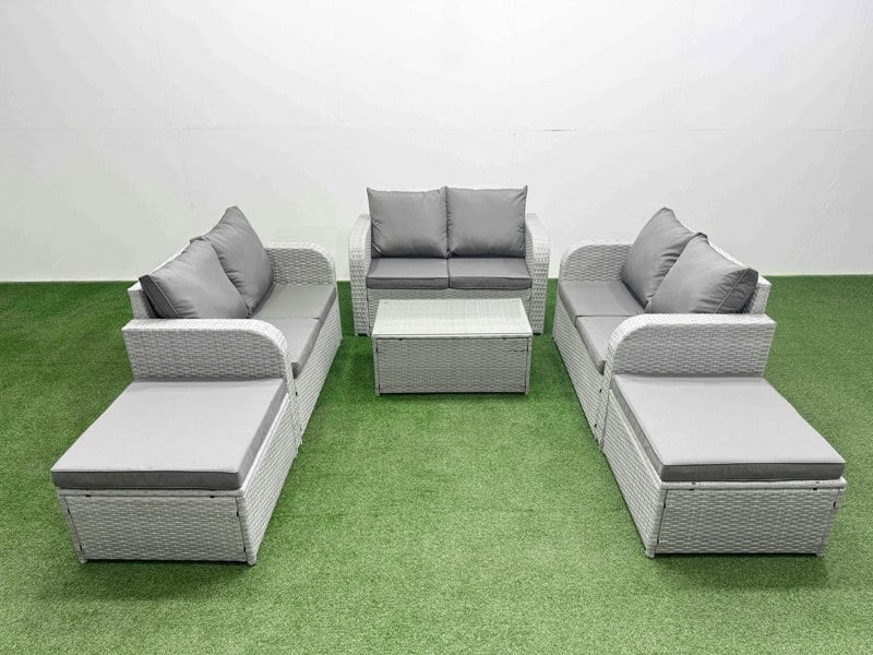 Fimous  8 Seater PE Wicker Rattan Furniture Sofa Sets with Rectangular Coffee Table 2 Seater Love Sofa 2 Big Footstool Light Grey