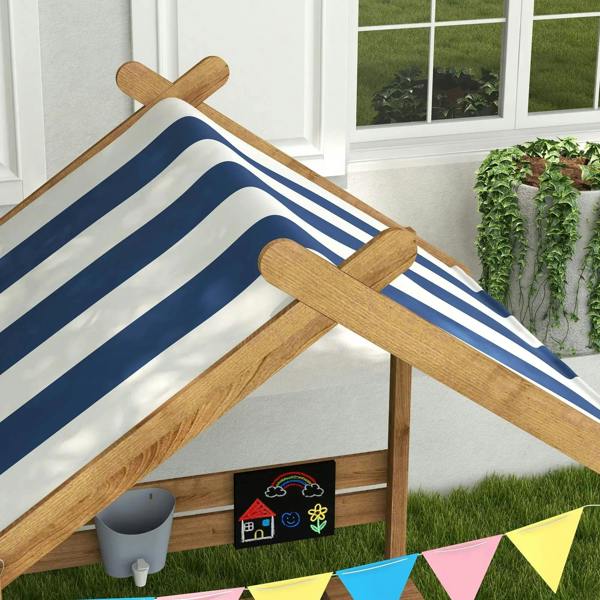 Wooden sandbox roof with blue-and-white striped canopy and mounted chalkboard panel