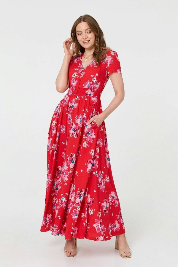 Red | Floral Short Sleeve Shirred Maxi Dress