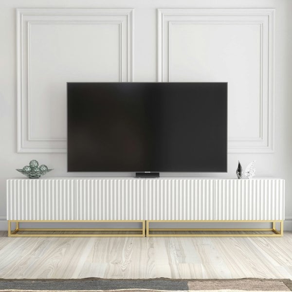 Mex Furniture Modular White TV Unit with Gold Base 200cm – Fluted Fronts & Push-Down Doors
