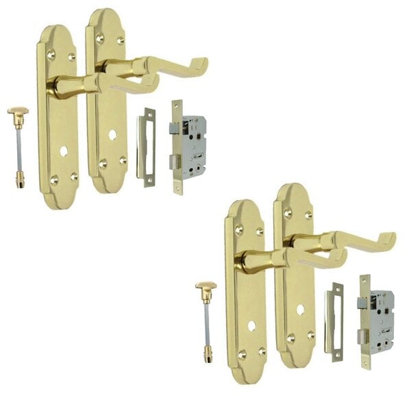 EDH Door Hardware Brass Finish Epsom Victorian Scroll on Shaped Back Plate Lock Door Handle 2 Pair