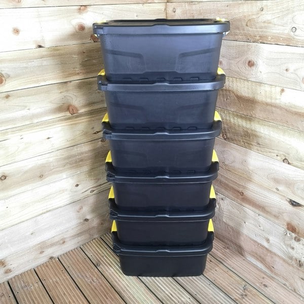 Samuel Alexander 6 x 24L Heavy Duty Storage Boxes, Sturdy, Lockable, Stackable and Nestable Design Storage Chests with Clips in Black