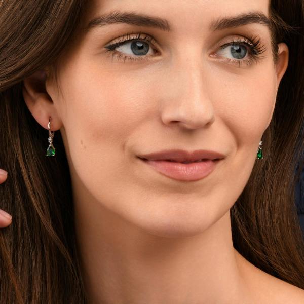 Zavana Silver Small Pear Shaped Green Cubic Zirconia Leverback Drop Earrings For Women