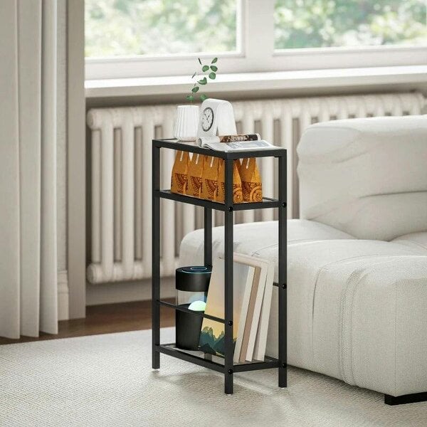 3-Tier Side Table, Narrow End Table with Storage Shelf and Tempered Glass Tabletop for Small Spaces, Black