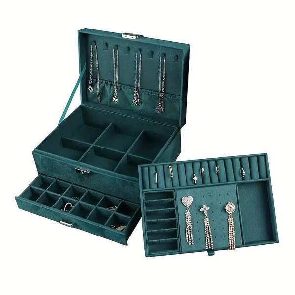 Dyzi 3 Layer Green Velvet Jewellery Box with 108 Piece Earring Set
