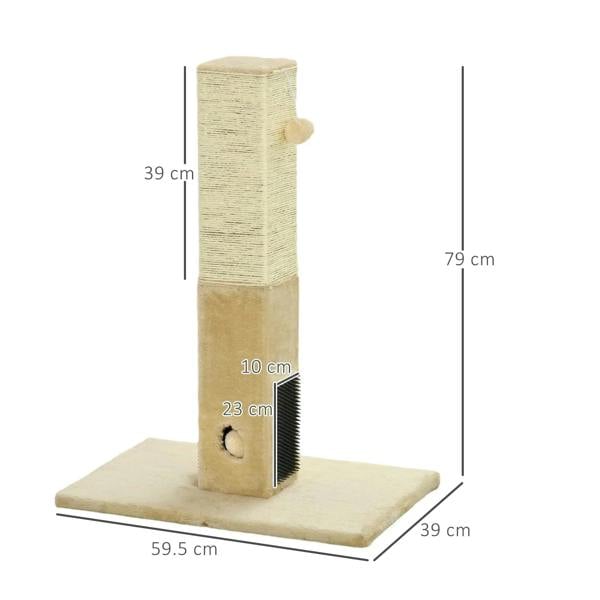 Beige jute cat scratching post with carpet base, full post and base layout view