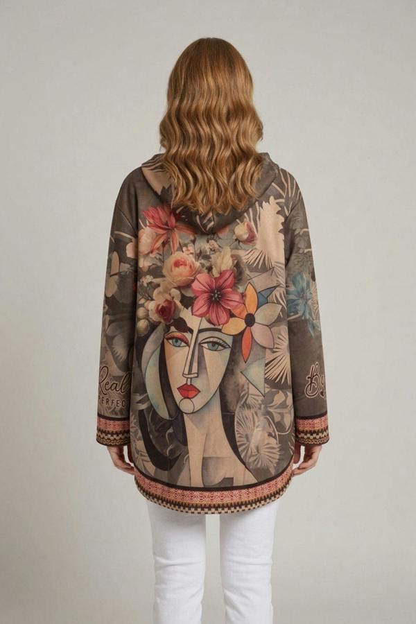 Olive | Abstract Relaxed Hooded Zip Front Jacket
