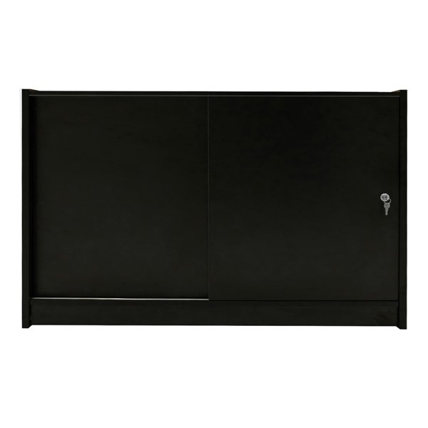 Sleek black LED retail shop counter K1500 with sliding doors and a lock, featuring a smooth finish and modern design