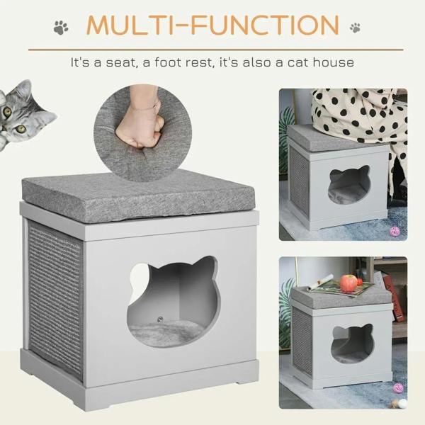 Multi-position cat house cube bed with grey cushion and cat-shaped front doorway
