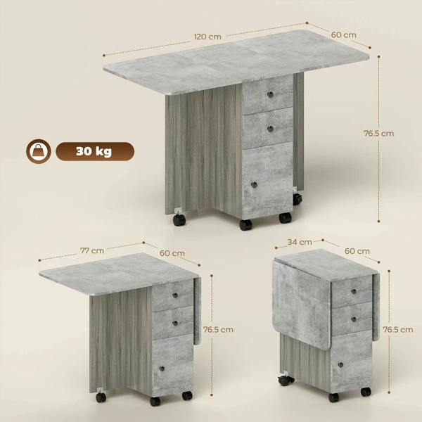 Grey drop-leaf dining table with compact fold-down design, 3 drawers, and caster wheels