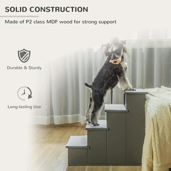 Grey 4-step pet stairs with three carpeted steps, dog standing on top