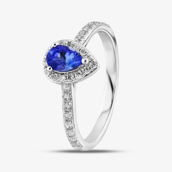 T. H. Baker 18ct White Gold Pear Cut Tanzanite & Diamond Shoulder Set Halo Ring R57198W-TZ M