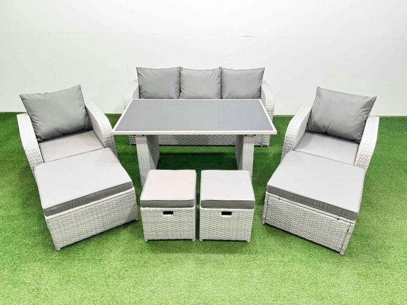 Fimous 9 Seater Patio Garden Furniture Sets with Black Glass Top Dining Table Love Sofa 4 Stools Light Grey