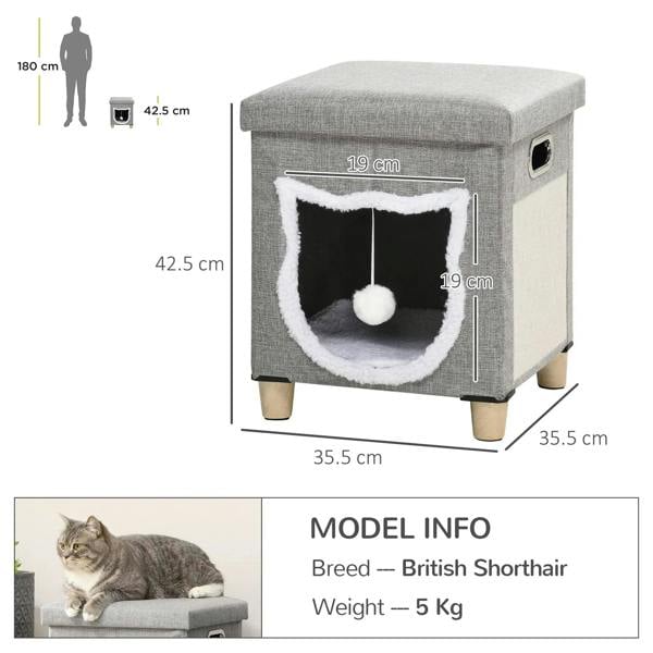 Grey cat cube house bed with white-fuzzy tunnel lining and hanging ball inside