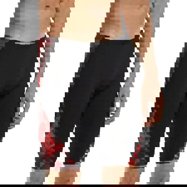 Red TYR Waveform Durafast Elite swim jammer with black and red camo design